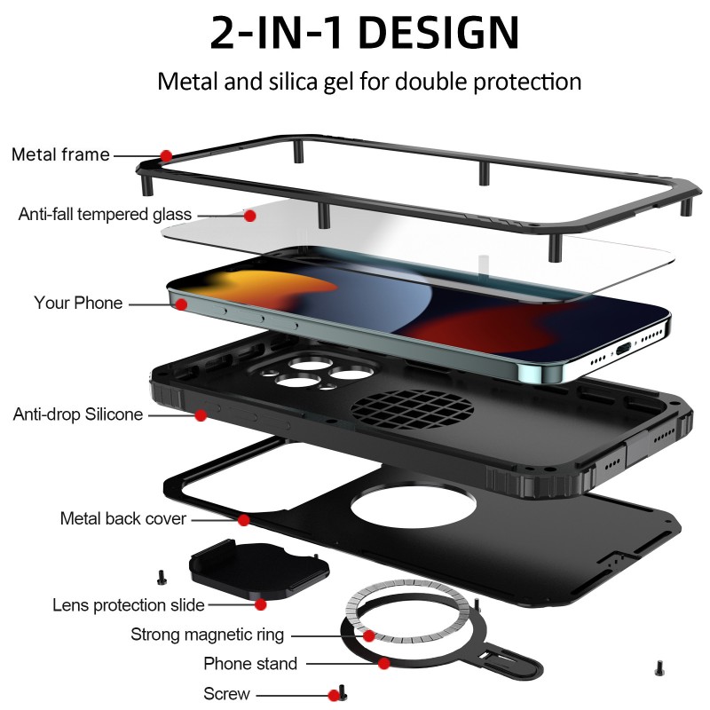 iPhone Metal Heavy Duty Phone Case with Push Window Protective Lens 